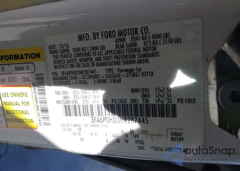 2017 Ford Fusion Se z USA, uszkodzony, nr VIN 3FA6P0HD3HR287445